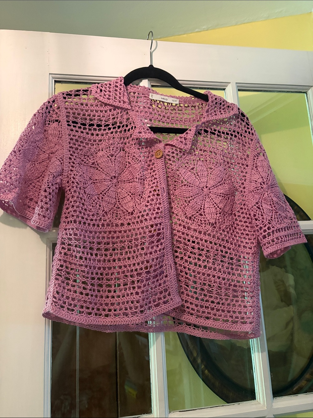 Mango Lavender-Pink Crocheted Short-Sleeve Cardigan